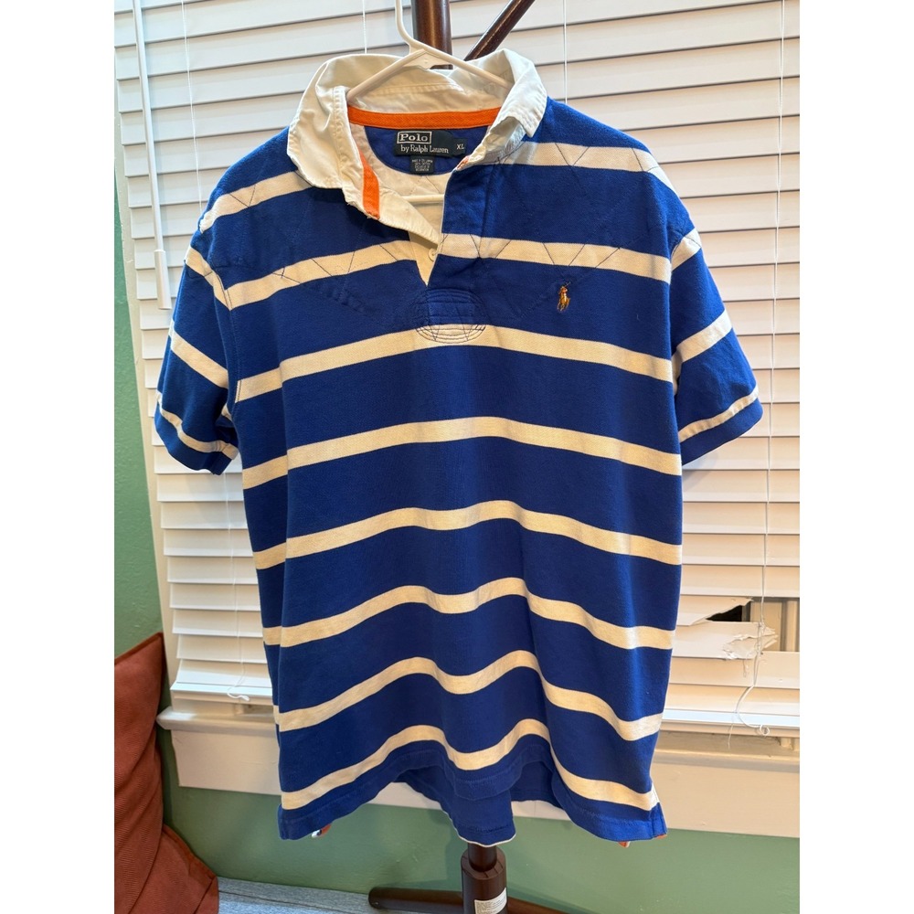 Polo Ralph Lauren Rugby Shirt Mens XL Blue White Stripe Short Sleeve Vintage